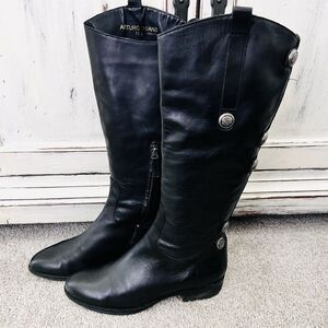 Arturo Chang Black Leather Silver Studded Knee High Riding Boots - 7.5M